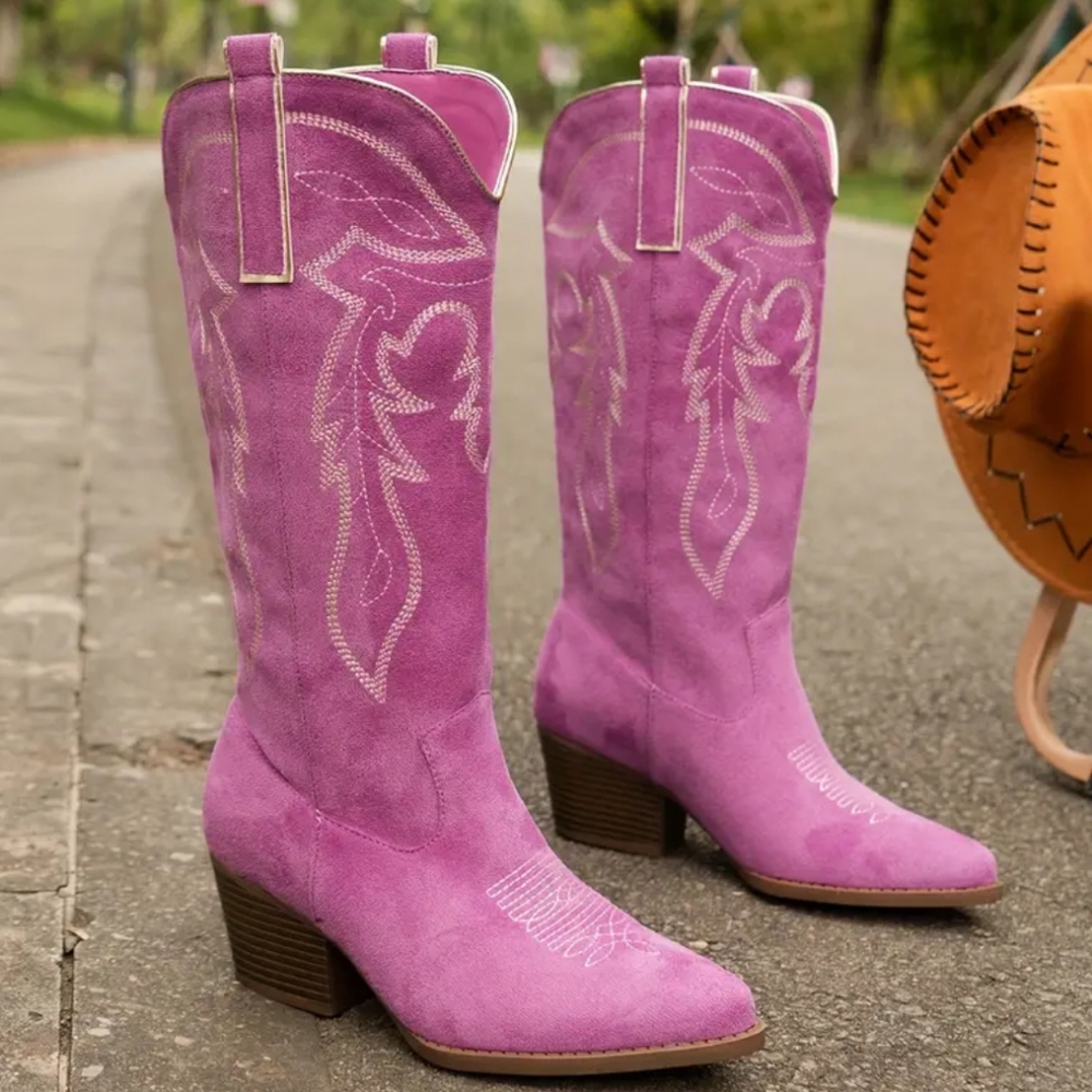 Pink Heeled Boots with Western Stitching